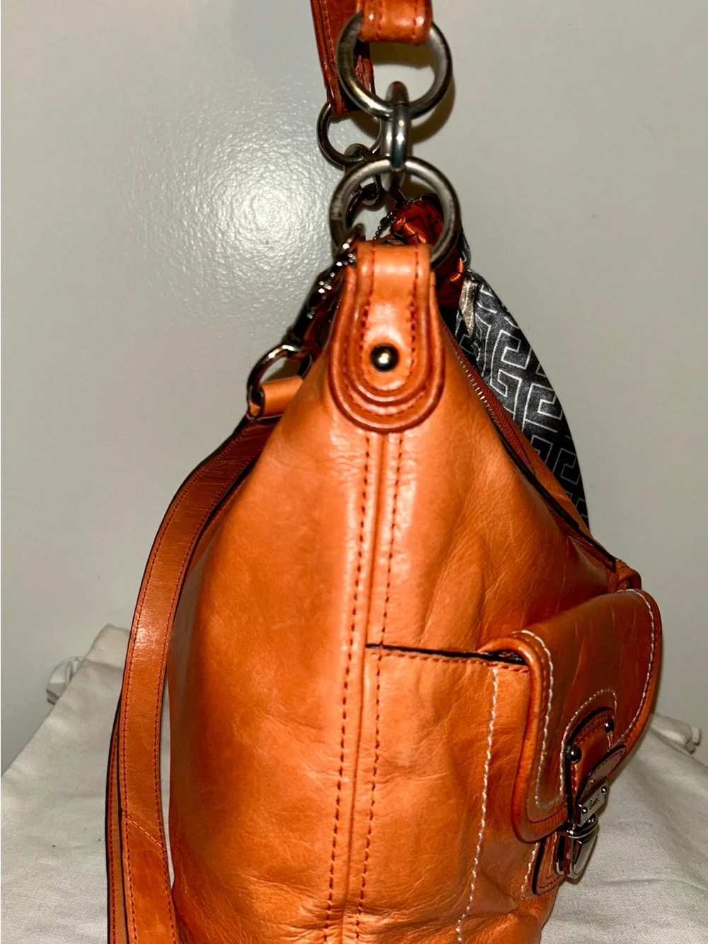Coach Poppy Tangerine Waxed Leather Distressed Swing Messenger Hobo Purse - Picture 6 of 12
